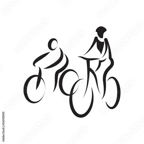 Simple drawing stick figures of cyclists in black and white