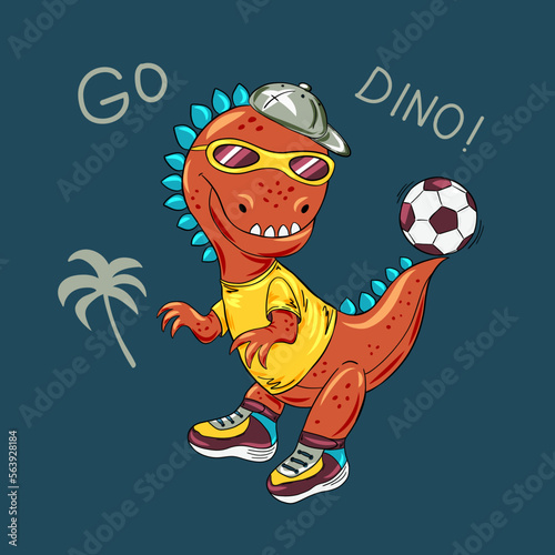 Cute cool dinosaur playing football. Cartoon line art vector illustration of mascot character. Design for print perfect for boys t-shirt, pajama, clothes.