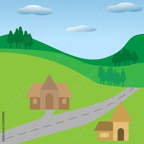 Illustrator vector of mountain view with a small village and blue sky