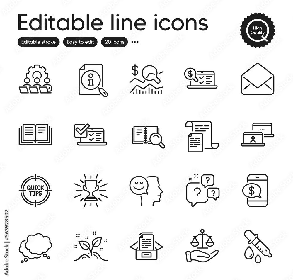 Set of Education outline icons. Contains icons as Search book, Trophy and Justice scales elements. Search, Mail, Phone payment web signs. Question bubbles, Outsource work. Vector Set of Education outline icons. Contains icons as Search book, Trophy and Justice scales elements. Search, Mail, Phone payment web signs. Question bubbles, Outsource work. Vector