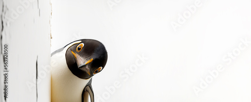 Curious penguin peeking around a corner against a white background created with Generative AI technology. Copy space.