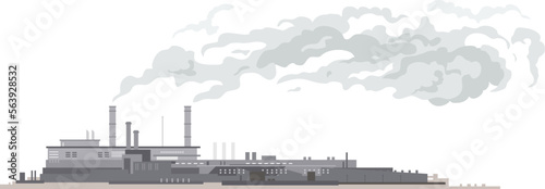 Industrial plant with long gray clouds of smoke from pipes isolated composition, factory buildings silhouette, environmental pollution, smog and fog in air, flat style isolated