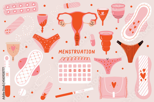 Big collection of female menstruation period elements. Protection for menstrual period in critical days. Intimate hygiene health for vagina. Hand Drawn vector illustration