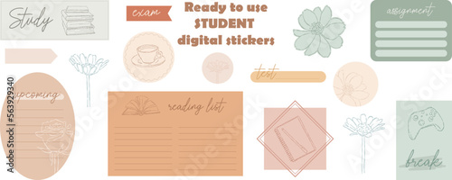 Student's digital stickers. Digital note papers and stickers for digital bullet journaling or planning. Ready to use digital stickers for digital planner. Hand lettering. Minimal style. Vector art.