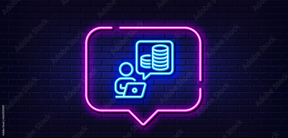 Neon light speech bubble. Budget accounting line icon. Online investment sign. Internet loan symbol. Neon light background. Budget accounting glow line. Brick wall banner. Vector Neon light speech bubble. Budget accounting line icon. Online investment sign. Internet loan symbol. Neon light background. Budget accounting glow line. Brick wall banner. Vector