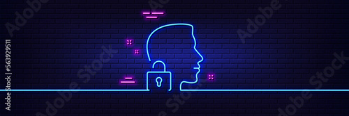 Neon light glow effect. Face accepted line icon. Access granted sign. Unlock system symbol. 3d line neon glow icon. Brick wall banner. Unlock system outline. Vector