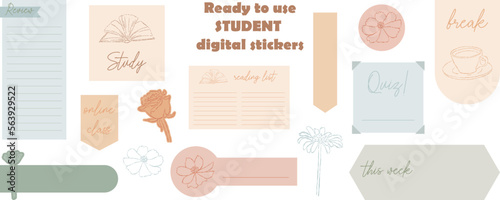 Student's digital stickers. Digital note papers and stickers for bullet journaling or planning. Ready to use digital stickers for planner. Hand lettering. Minimal style. Vector art.