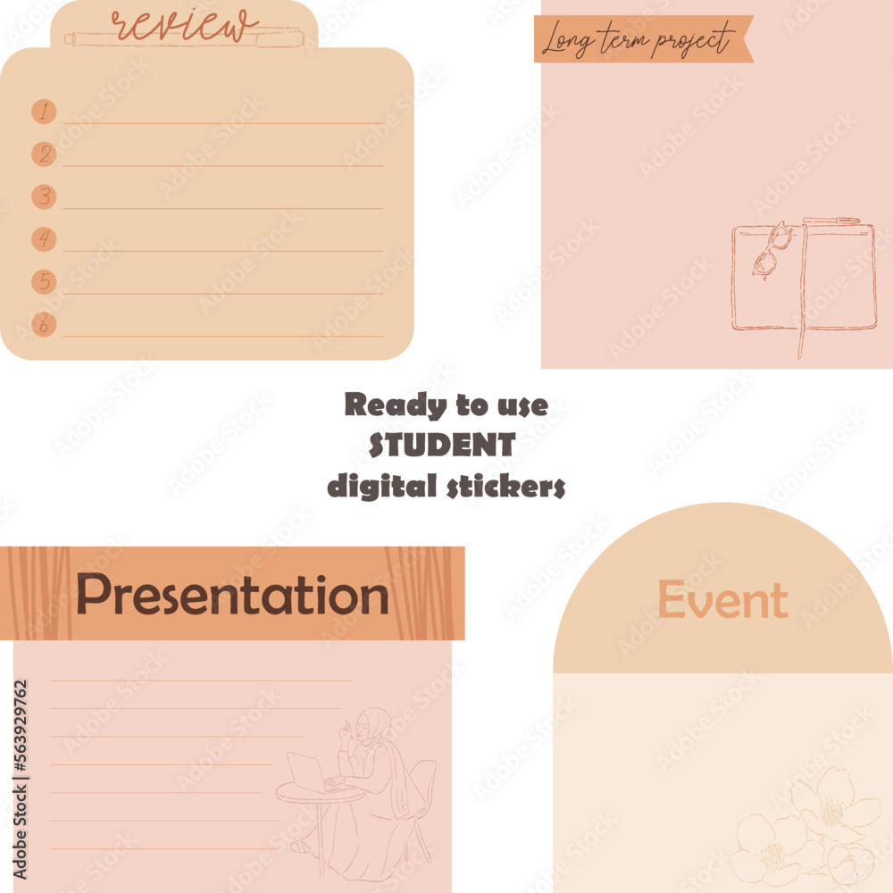 Student's digital stickers. Digital note papers and stickers for bullet journaling or planning. Ready to use student digital stickers. Minimal style. Vector art.