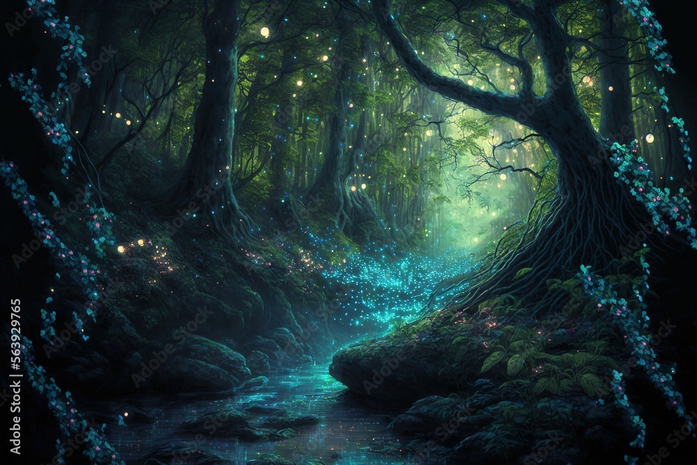 Magical fantasy fairy tale scenery, night in a forest ,made with Generative AI - obrazy, fototapety, plakaty 