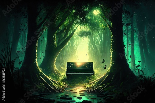 Magical fantasy fairy tale scenery with piano, night in a forest ,made with Generative AI