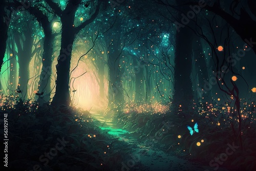 Magical fantasy fairy tale scenery, night in a forest ,made with Generative AI