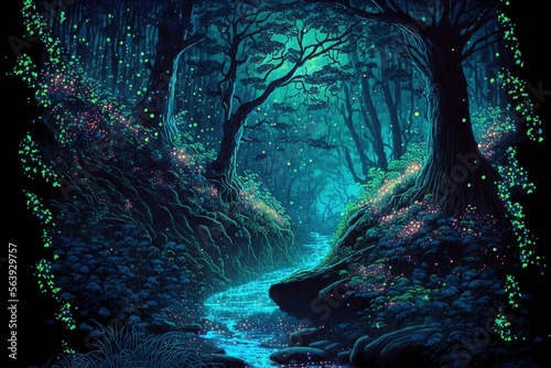 Magical fantasy fairy tale scenery, night in a forest ,made with Generative AI