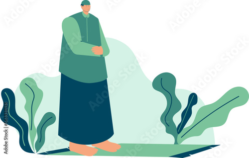 a man who has a fat body wearing all-green clothes, equipped with a cap and a prayer rug, is standing after performing prayers in the holy month of Ramadan
