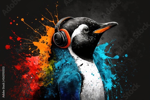 Penguin with headphones on its head and a splash of paint ,made with Generative AI