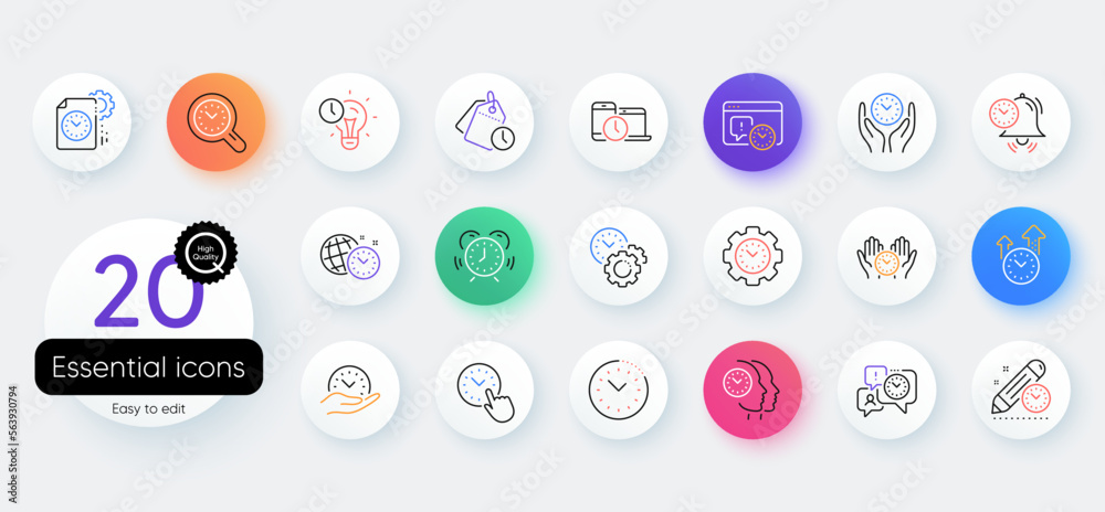 Time management line icons. Bicolor outline web elements. Alarm clock, timer plan and project deadline signs. Countdown clock, time log and appointment reminder icons. Vector