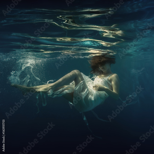 Portrait of a girl with long hair in a white dress with ribbons underwater