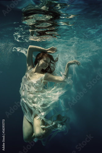 Portrait of a girl with long hair in a white dress with ribbons underwater