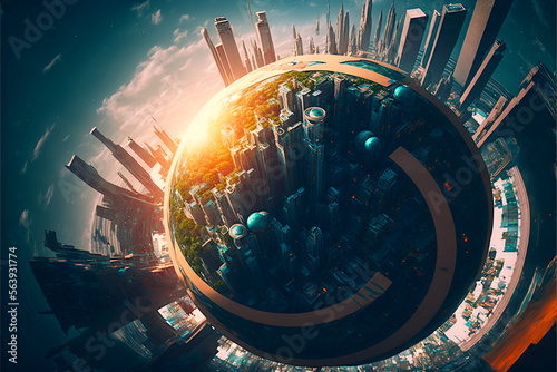 Hi-tech world inception. Futuristic world, top view. Ai llustration, fantasy digital painting, artificial intelligence artwork