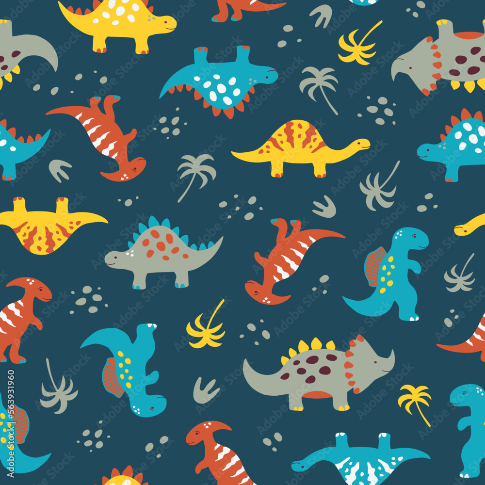 Naklejka premium Cute dinosaurs seamless pattern. Colorful vector illustration for childish design, clothes, toys. Multidirectional design for print perfect for boys t-shirt, pajama.