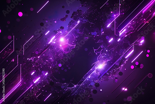 Futuristic abstract purple background with neon lights and glowing particles.  
Digitally generated AI image