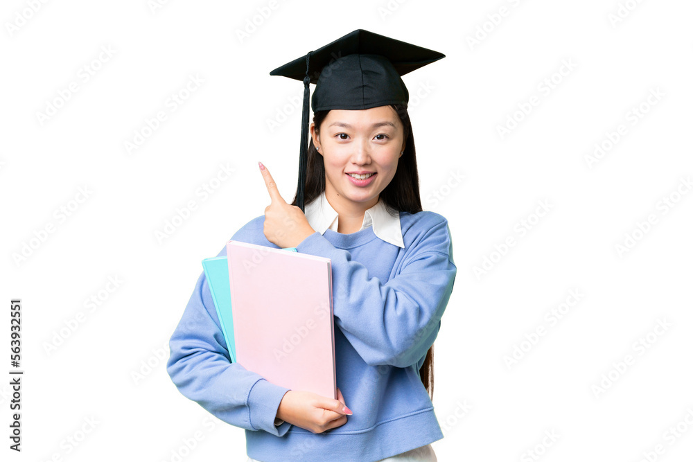 Young student woman over isolated chroma key background pointing to the side to present a product Young student woman over isolated chroma key background pointing to the side to present a product