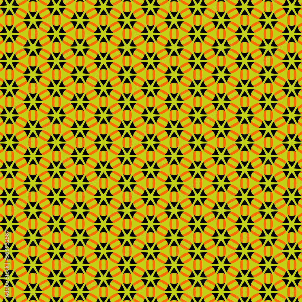 Abstract geometric flowers fabric pattern in green and orange colors