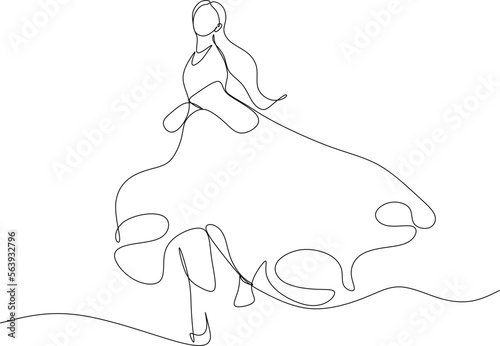 Beautiful woman in long flowing dress in continuous line art drawing style. Girl wearing luxury evening or bridal gown. Minimalist black linear sketch isolated on white background. Vector illustration
