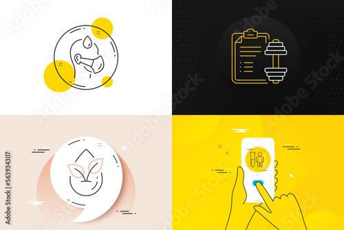 Minimal set of Medical analyzes, Organic product and Sick man line icons. Phone screen, Quote banners. Dumbbell icons. For web development. Medicine results, Leaf, Epidemic protection. Vector
