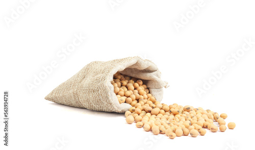Soybeans in a sack bag isolated on white background
