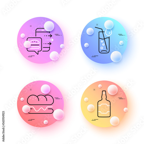 Burger, Food order and Water glass minimal line icons. 3d spheres or balls buttons. Whiskey bottle icons. For web, application, printing. Hamburger food, Soda drink, Scotch alcohol. Vector
