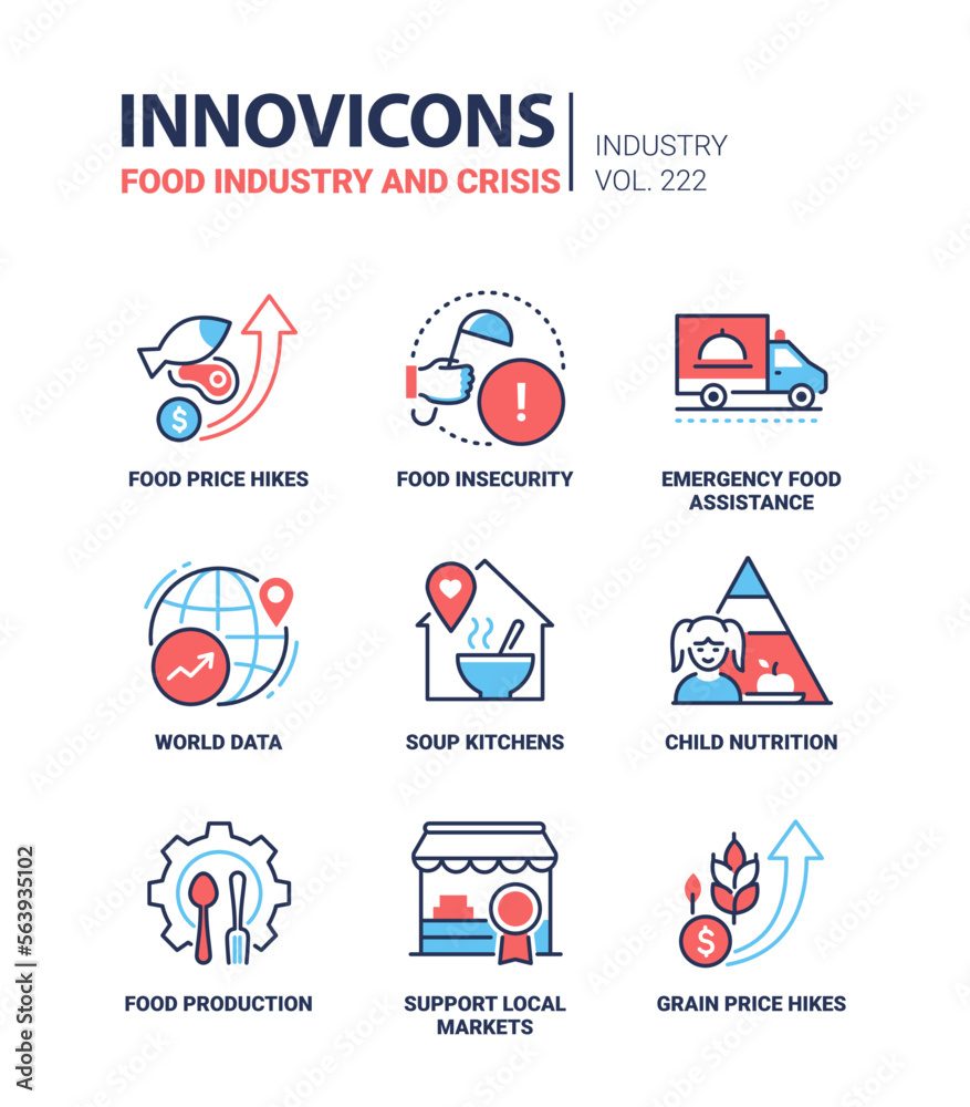 Food insecurity and production - line design style icons set