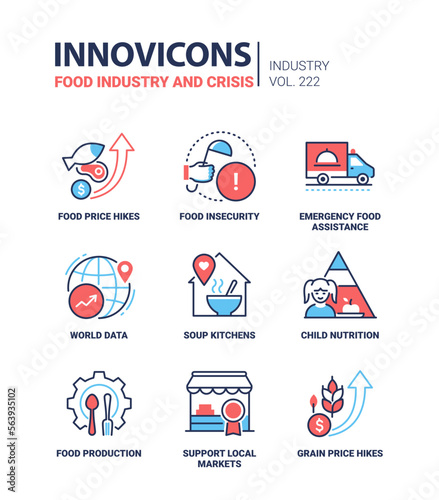 Food insecurity and production - line design style icons set