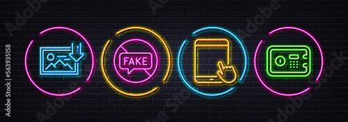 Fake news, Download photo and Tablet pc minimal line icons. Neon laser 3d lights. Safe box icons. For web, application, printing. Stop lying, Image placeholder, Touchscreen gadget. Deposit. Vector