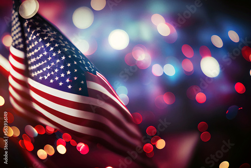 National flag of USA and defocused bokeh holiday lights. Bright holiday background. Digitally generated AI image.