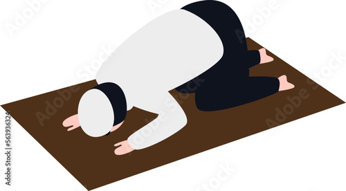 a man wearing a white koko shirt and black trousers equipped with a cap is prostrating to perform the prayer service
