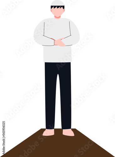 a man wearing a white koko shirt and black trousers equipped with a cap is praying
