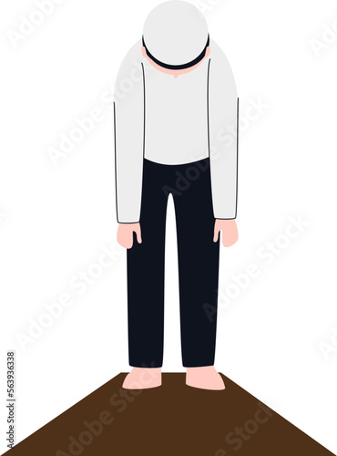 a man wearing a white koko shirt and black trousers equipped with a cap is praying
