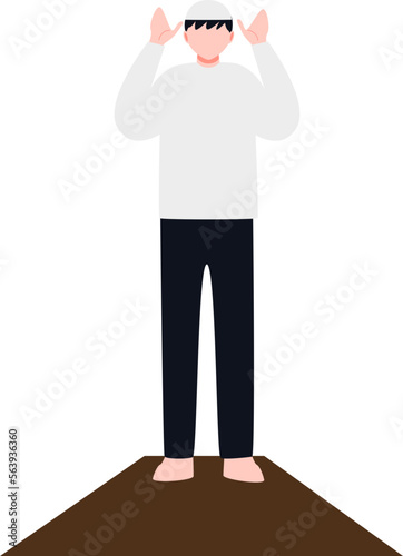 a man wearing a white koko shirt and black trousers is praying
