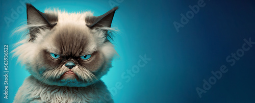 Fotografiet Angry, disgruntled cat on a blue background, created with Generative AI technology