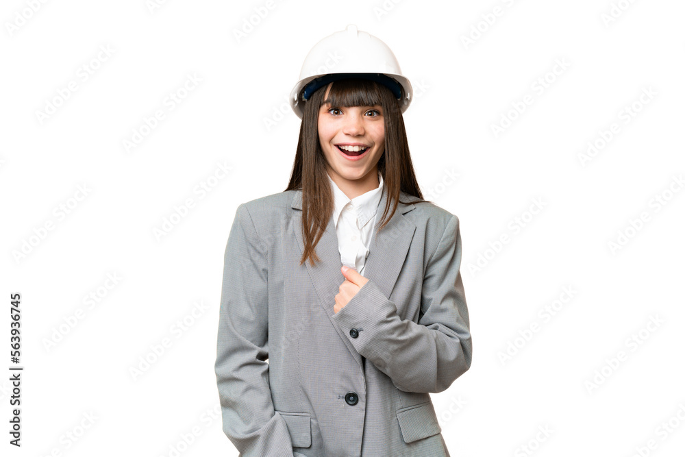 Little girl playing as a architect with helmet and holding blueprints over isolated background with surprise facial expression Little girl playing as a architect with helmet and holding blueprints over isolated background with surprise facial expression