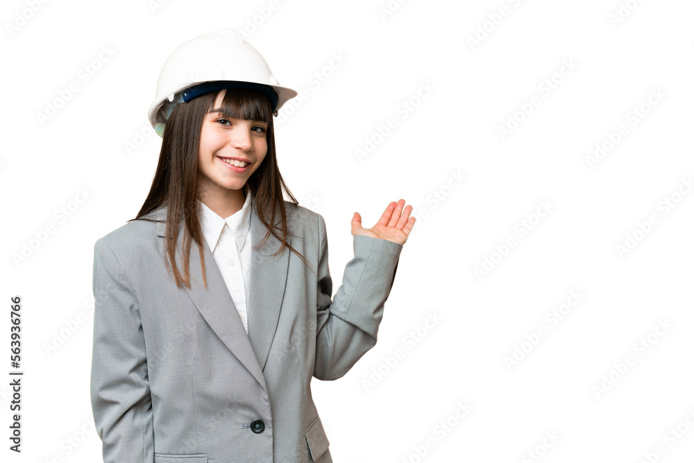 Little girl playing as a architect with helmet and holding blueprints over isolated background extending hands to the side for inviting to come Little girl playing as a architect with helmet and holding blueprints over isolated background extending hands to the side for inviting to come