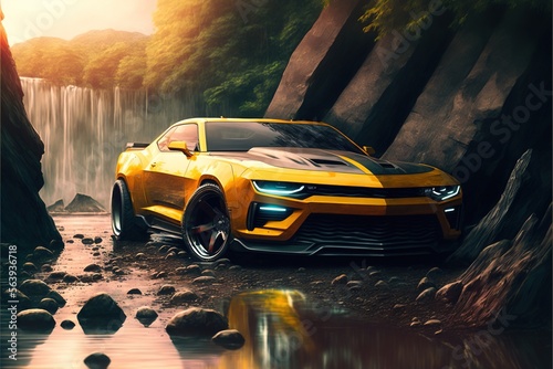 Muscle Car outside near waterfall at sunset digital illustration generative ai