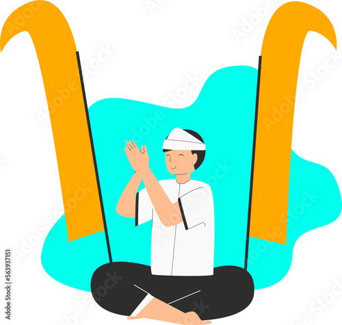 a black-haired man wearing black and white worship clothes is sitting praying in front of two yellow flags
