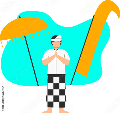 a black-haired man wearing a black and white prayer dress standing in front of an umbrella and a yellow flag
