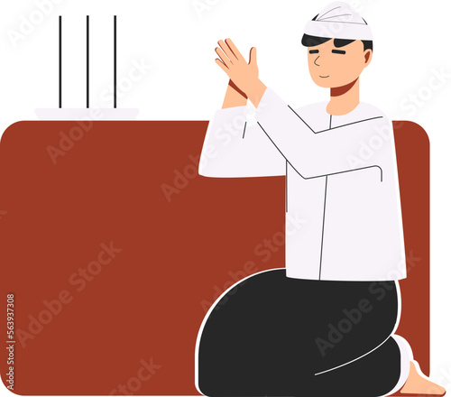 a black-haired man wearing black and white worship clothes is praying with incense
