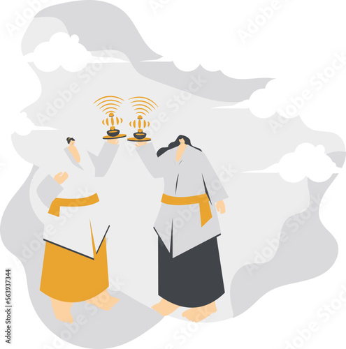 a chubby couple wearing white and yellow clothes doing worship in Hinduism equipped with incense paraphernalia worship
