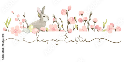 Greeting card for Easter holidays. Rabbit, Willow, Cherry blossom and eggs. Vector background on the theme of flowering and spring.	