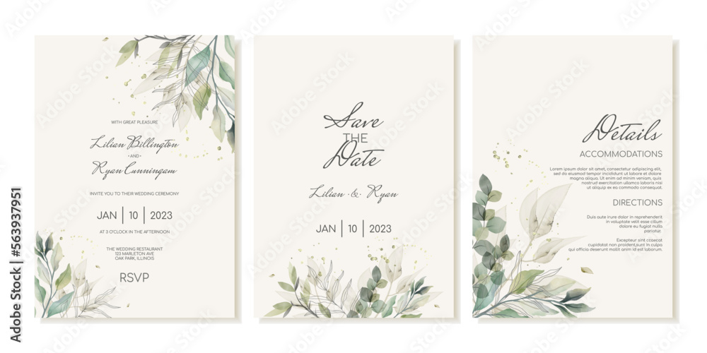 Rustic wedding invitation template set with green leaves, eucalyptus and branches. Invitation cards, details in watercolour modern style.