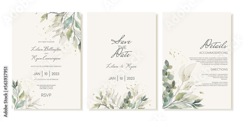 Fotobehang Rustic wedding invitation template set with green leaves, eucalyptus and branches
