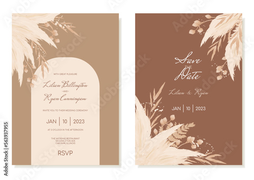 Boho wedding invitation template set with dried flowers and pampas in brown shades. Invitation cards in a watercolour modern style. Vector
